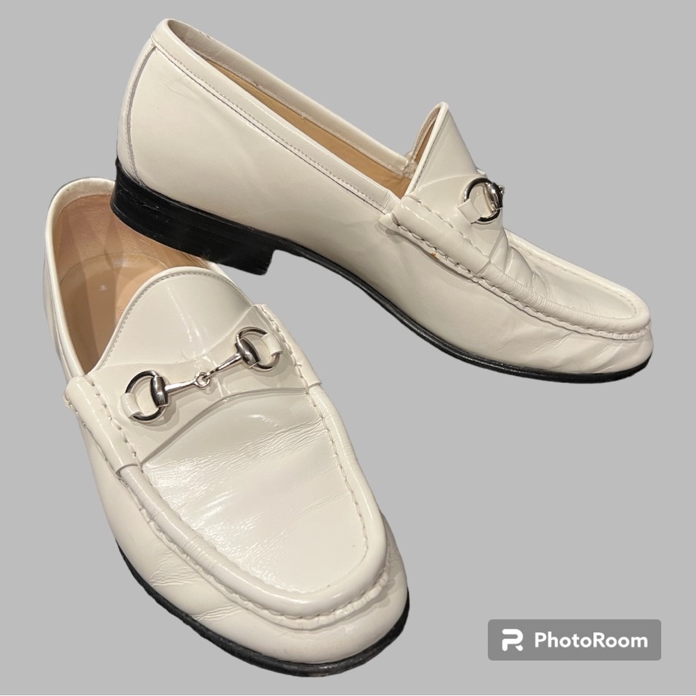 Vintage Gucci polished calf horsebit loafers white silver 7.5 Made in Italy